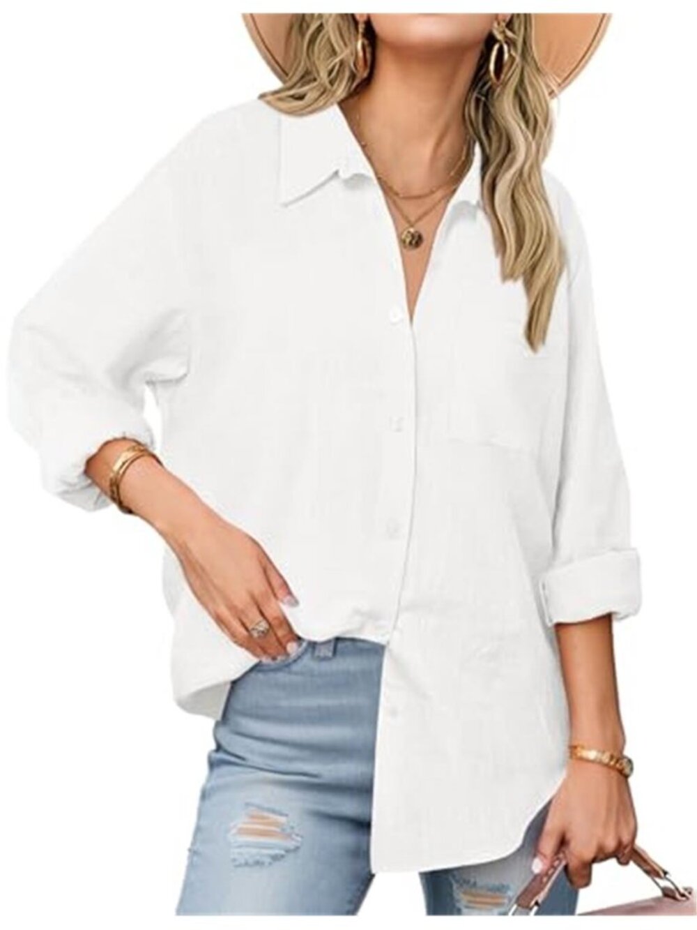 White Cotton Gauze Button Down Shirt Long Sleeve Collared Loose Blouse Top